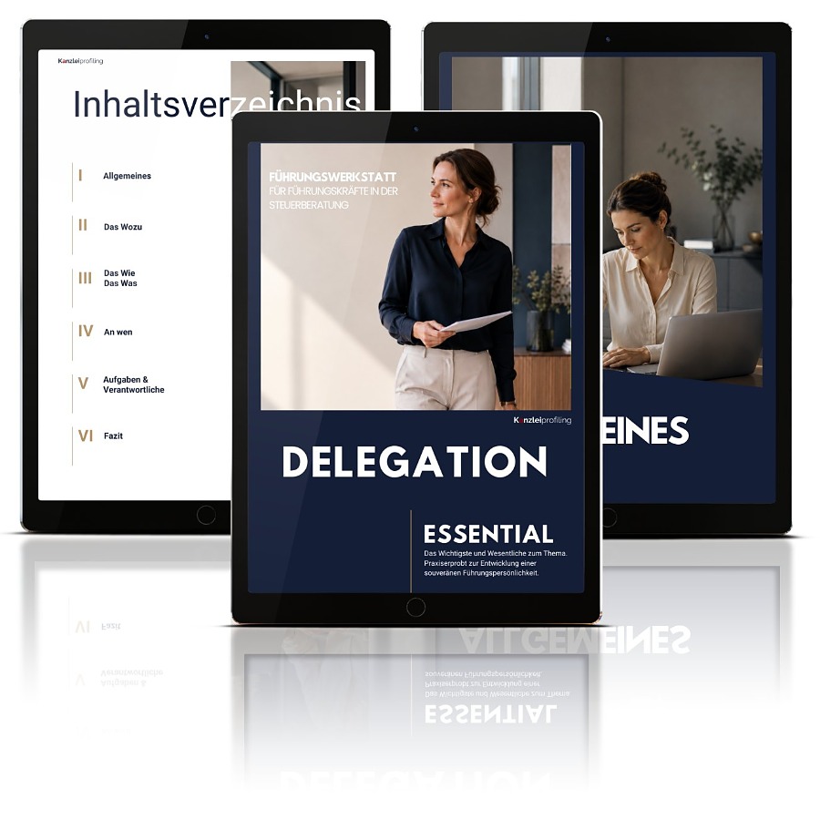 Frau steht in einem modernen Büro – Cover des Essentials Delegation von Kanzleiprofiling
